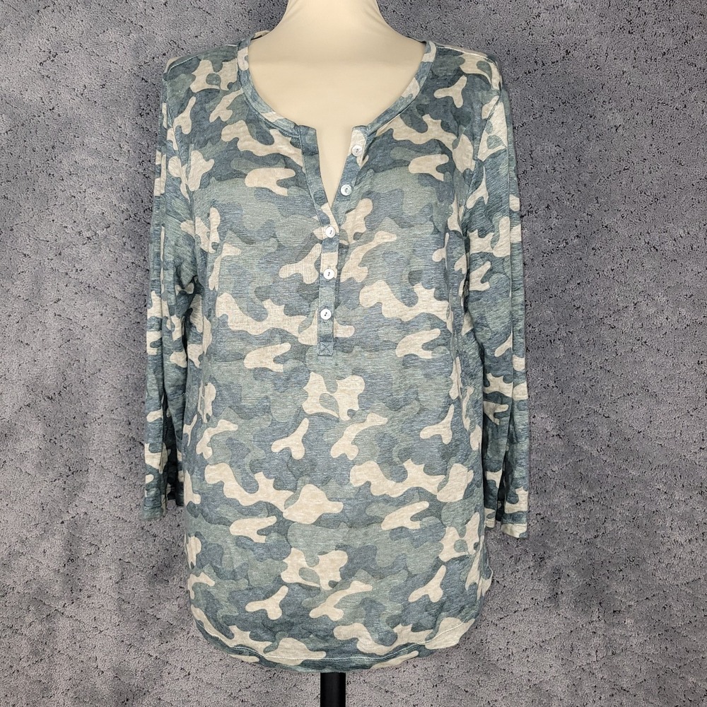 Nicole Miller‎ Top Womens L Camo Linen Henley Long Sleeve Sheer Scoop Neck